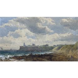 Edward Duncan (British 1803-1882): 'View of Tynemouth Harbour Showing the Ruins of the Mediaeval Monastery', watercolour signed and dated 1867, 20cm x 34cm 