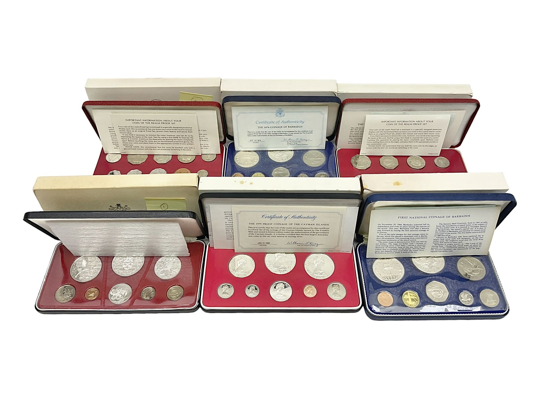 First National Coinage of Barbados 1973 proof eight coin set, from ten dollars to one cent, the ten dollar coin minted in sterling silver, the five dollar coin minted in 800 silver, and a Barbados 1974 proof eight coin set, both minted at The Franklin Mint, cased with certificates; two Republic of Malta decimal proof coin sets, dated 1978 and 1979, the 1979 one pound coin minted in sterling silver, both minted at The Franklin Mint, cased with certificates; Cayman Islands 1973 proof eight coin set, minted at the Royal Canadian Mint, cased; and a Cayman Islands 1979 proof eight coin set, the five dollar to fifty cents coins each minted in sterling silver, minted at the Franklin Mint, cased with certificate (6)