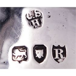 Pair of Victorian silver open salts, each of cauldron form with gadrooned rims and embossed flower heads to body, upon three paw feet, hallmarked Charles Stuart Harris, London 1892, approximate weight 3.05 ozt (95 grams)