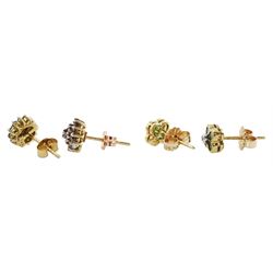 Pair of gold emerald and diamond flower head cluster stud earrings and one other pair of gold diamond cluster stud earrings, both 9ct