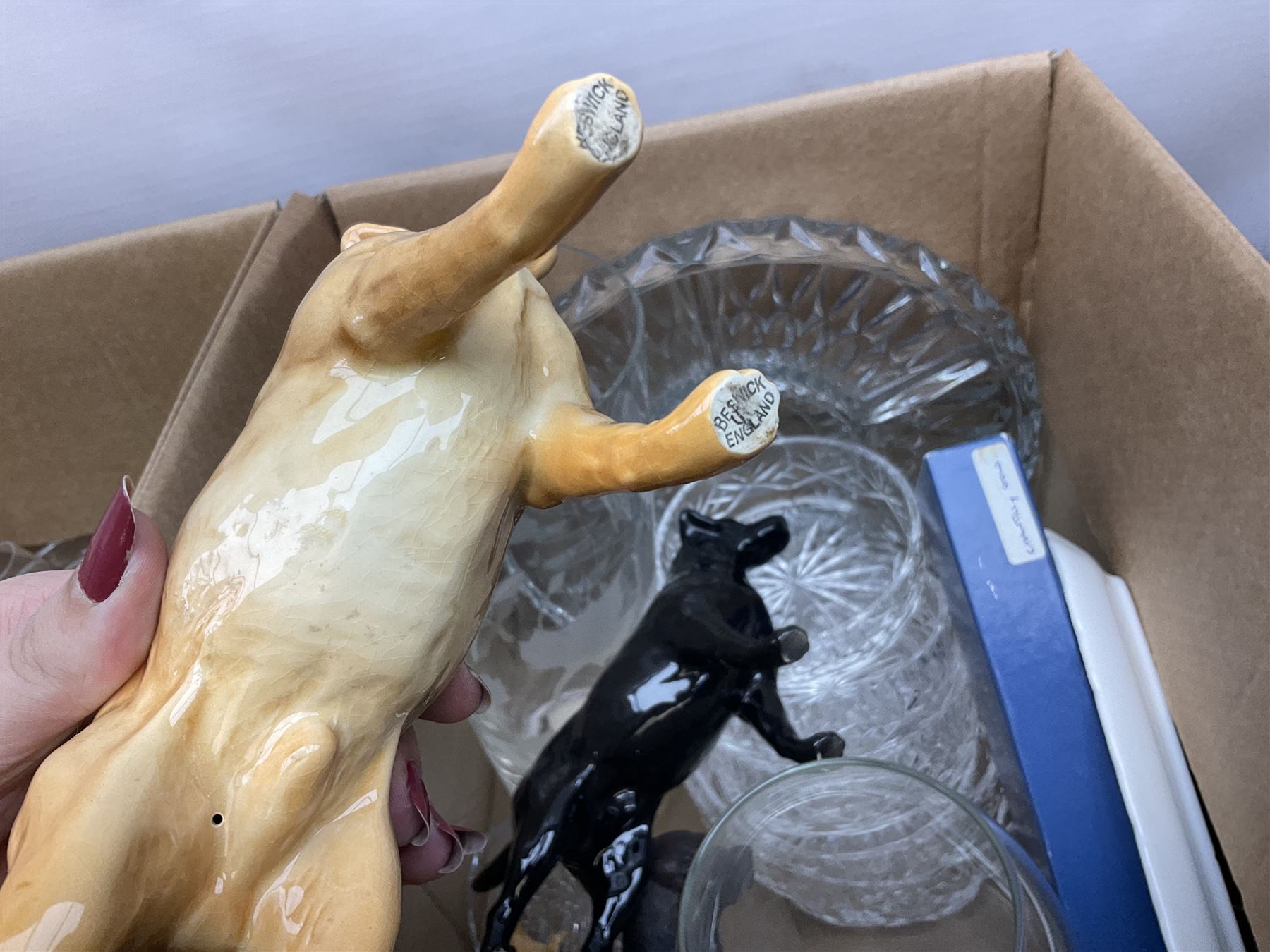 Royal Worcester Gold Chantilly pattern dish, Royal Doulton Naples pattern teapot, Beswick dogs (a/f), other ceramics and glassware to include Royal Doulton etc, die-cast to include Corgi etc, together with a quantity of cds, in five boxes