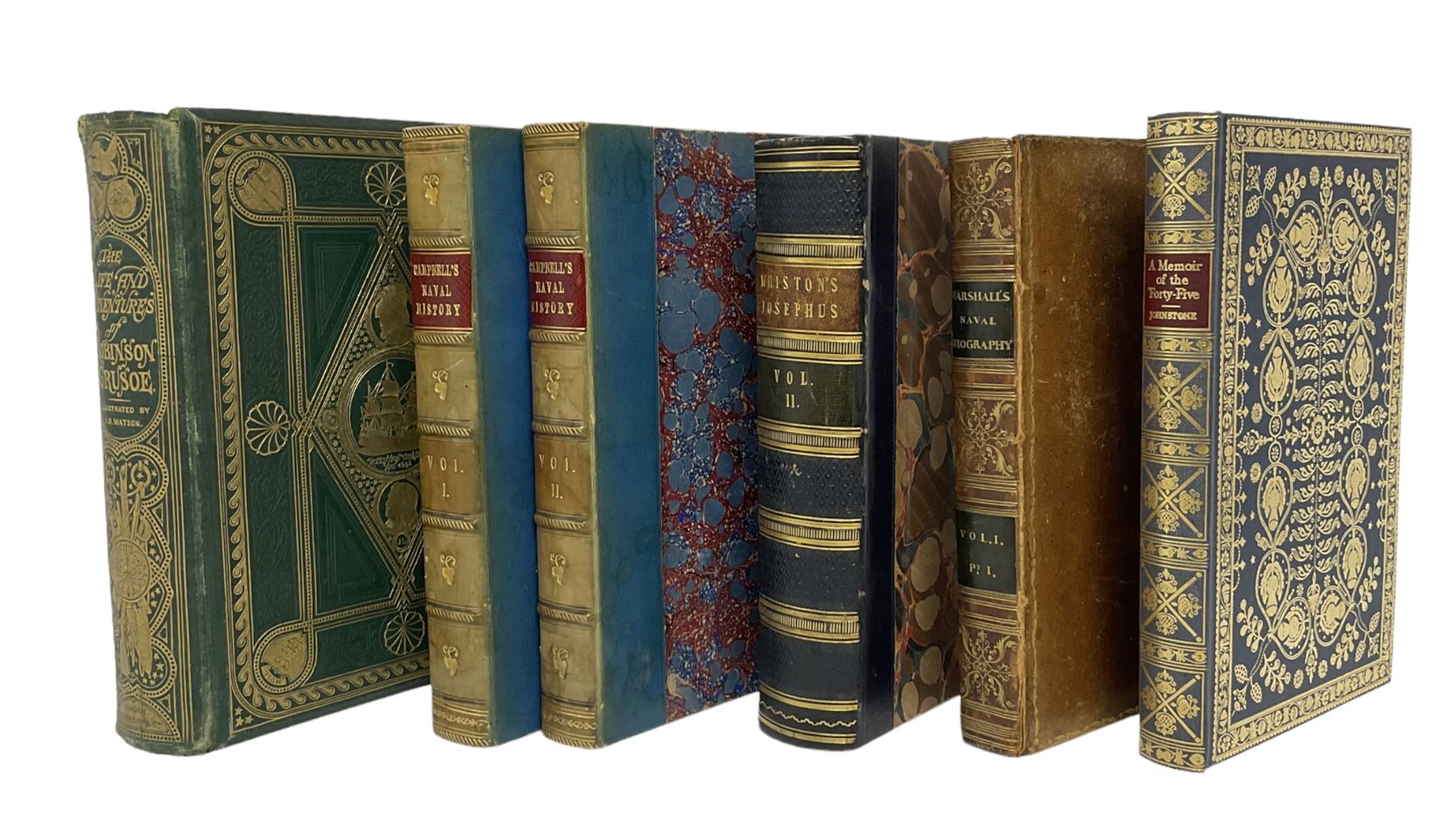 Campbell, John; The Naval History of Great Britain, two volumes, together with De Foe, Daniel; The Life and Adventures of Robinson Crusoe, pub George Routledge and Sons, London, The Works of Flavius Josephus, translated by Whiston, William, pub Henry G Bohn, London, one volume  and two other books