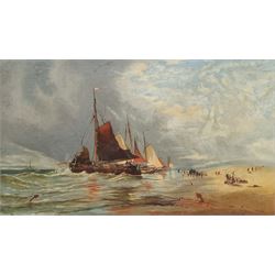 English School (19th century): Unloading with Horses on the Shore, oil on canvas unsigned 29cm x 50cm