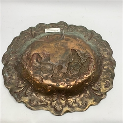 Large Newlyn School oval copper wall plaque, the dished centre embossed with a study of Neptune riding the waves, within a scrolling border with wavy rim, W48cm, H42cm