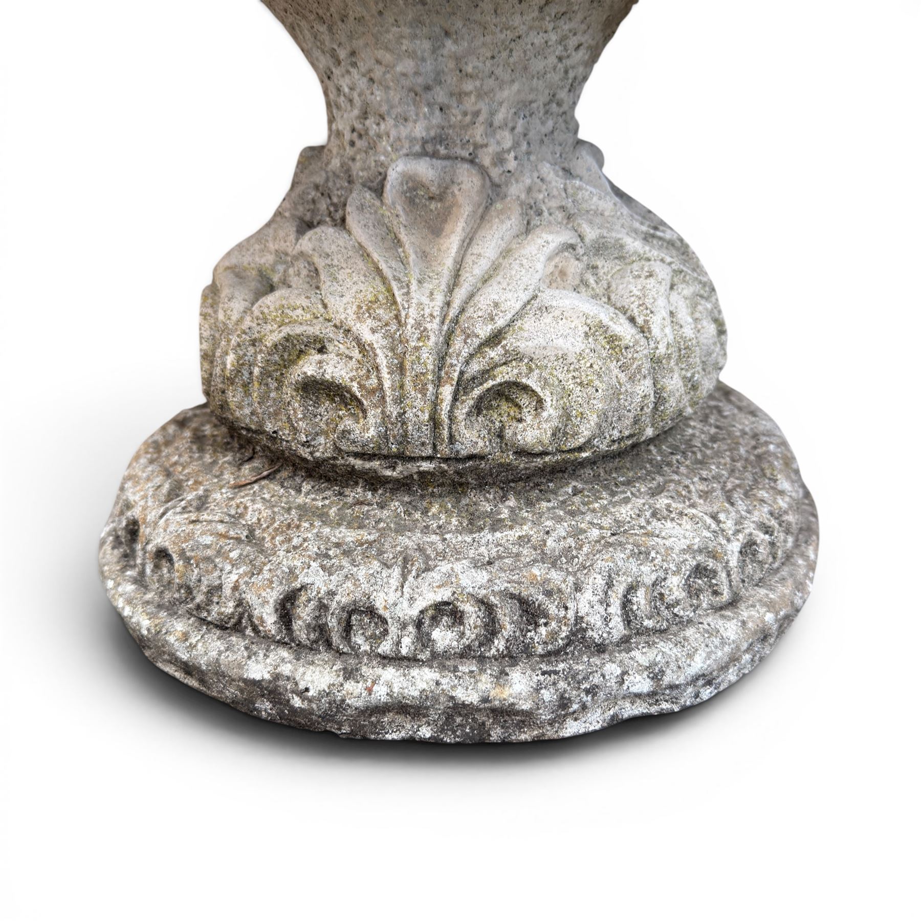 Cast stone ornate garden urn, circular shall bowl on squat base
