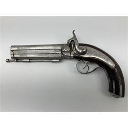 19th century over-and-under double barrel percussion cap pistol, the central rib inscribed Midland Gun Co. Birmingham, 13cm octagonal barrels with swivel ramrod, scroll engraved action and trigger guard and walnut stock with chequered grip and butt cap with hinged trap cover 31cm overall