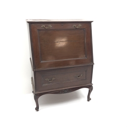  Late 19th century mahogany drinks cabinet, fall front enclosing fitted interior above single drawer, acanthus carved cabriole legs, W88cm, H121cm, D49cm  