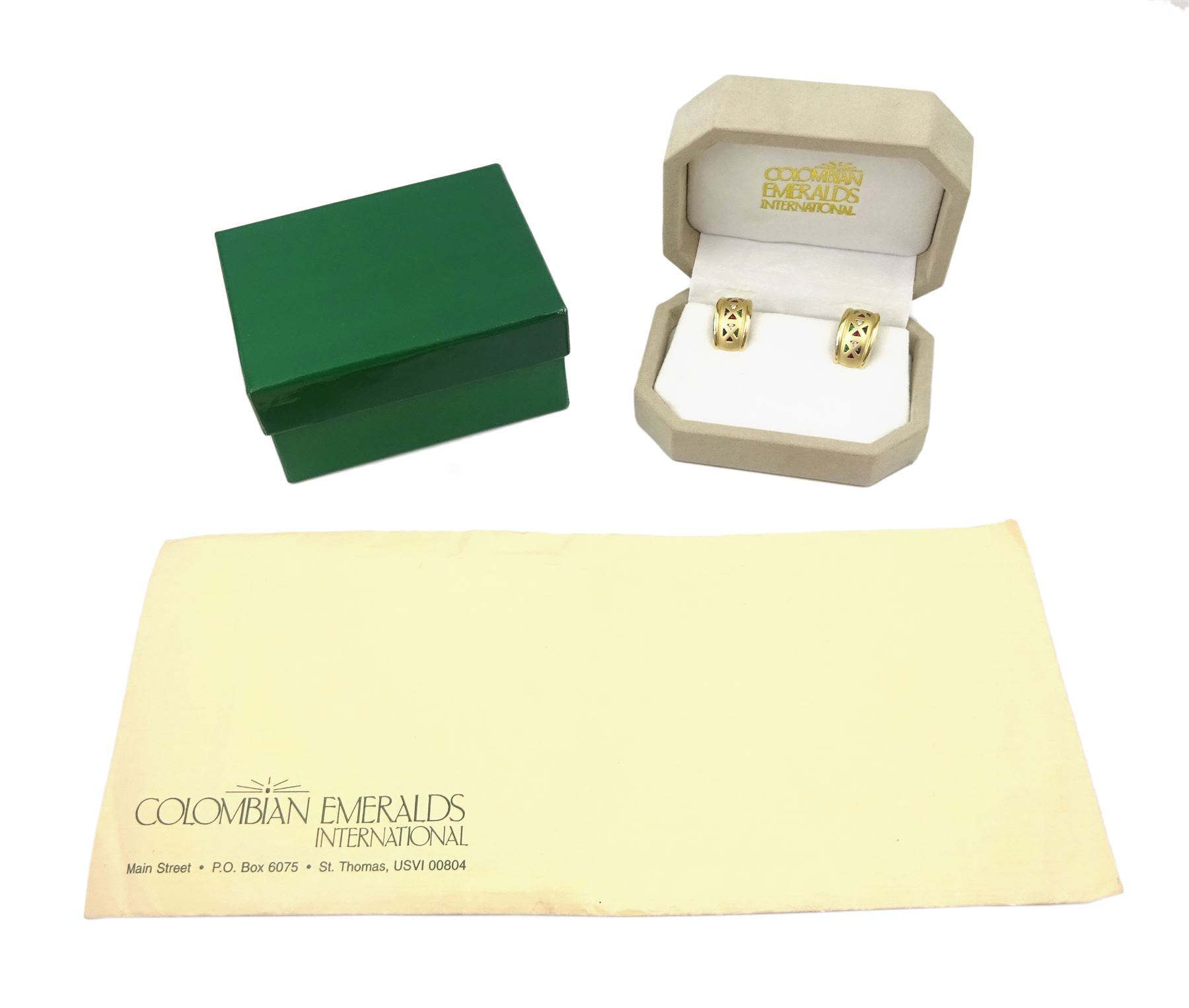 Pair of 14ct gold emerald, ruby, sapphire and diamond half hoop earrings, in satin gold finish by by Colombian Emeralds International, boxed with certificate 