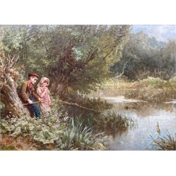 Henry Le Jeune ARA (British 1819-1904): Children Fishing, oil on panel signed with monogram and dated 1887, 26cm x 36cm