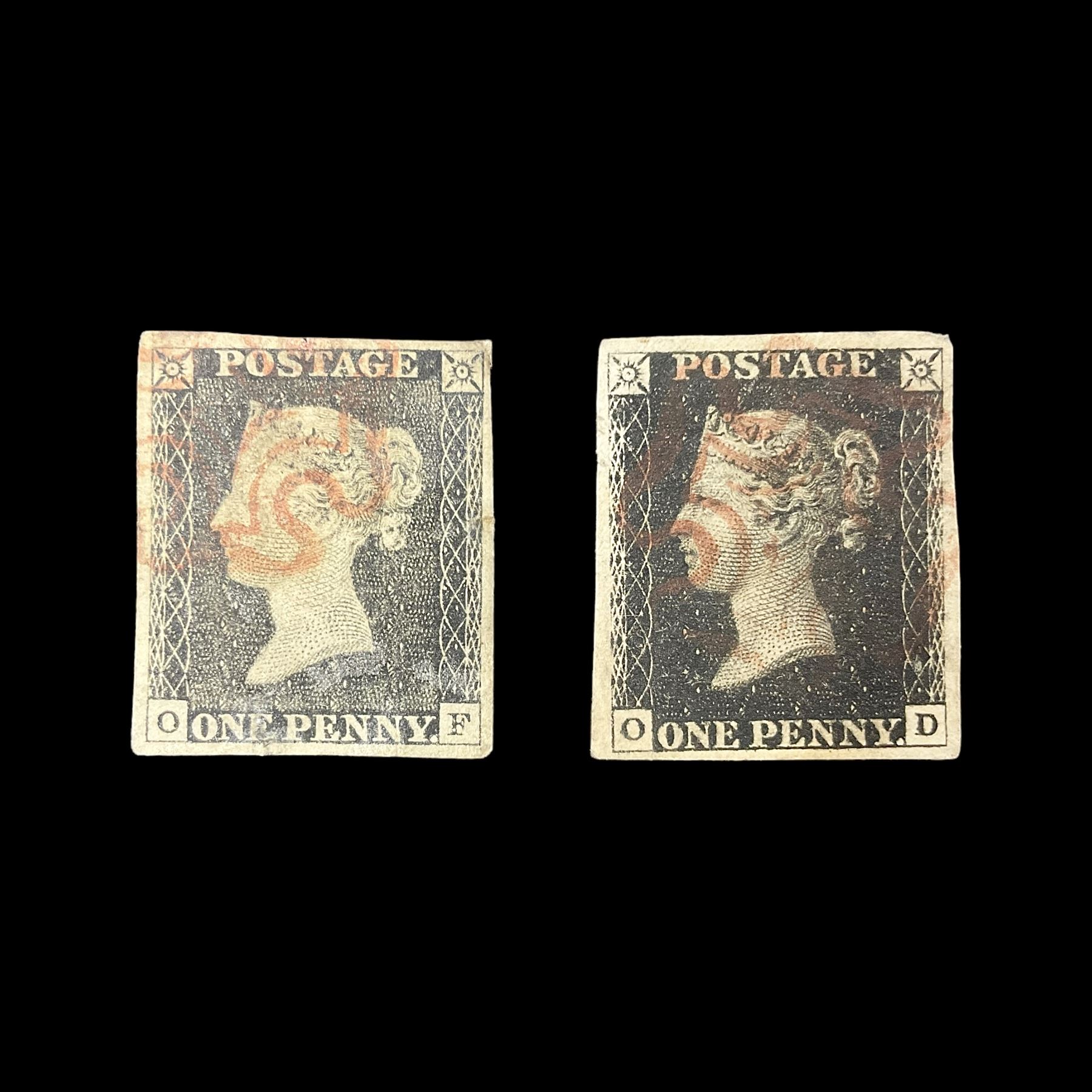 Two Great Britain Queen Victoria penny black stamps, both with red MX cancels