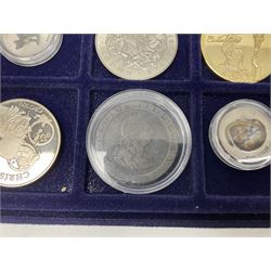 Commemorative, fantasy and other coinage, including George II 1754 farthing, George III 1773 farthing, cartwheel penny and cartwheel two pence, Queen Victoria Canada 1886 twenty five cents, various commemorative crowns etc, housed in three blue coin trays