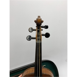 John Murdoch & Co. 'The Maidstone' three-quarter size violin with 33.5cm two-piece maple back and ribs and spruce top, bears label, 55cm overall, in original ebonised wooden 'coffin' case with two bows 