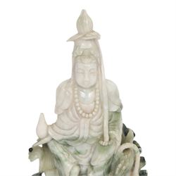 Chinese carved hardstone figure of Guanyin on wooden base, H31cm