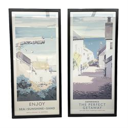 After Adelene Fletcher (British Contemporary): 'Enjoy Sea - Sunshine - Sand' and 'Experience the Perfect Getaway', pair colour travel prints 89cm x 39cm (2)