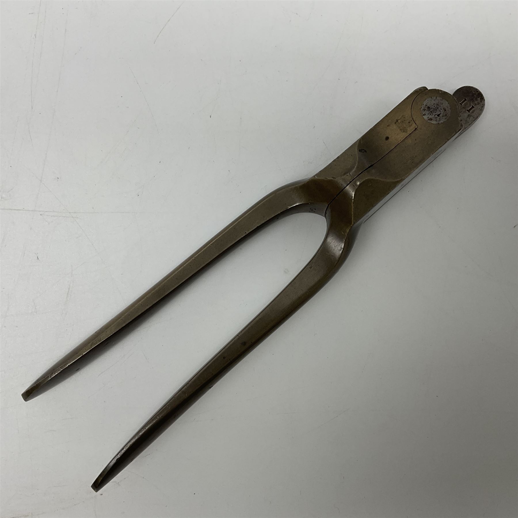 Adams Patent 1851 54-bore revolver bullet mould, stamped REGISTERED R. ADAMS 28 NOV 1851 and 54, the sprue cutter stamped 11; made for the self cocking revolver; L19cm