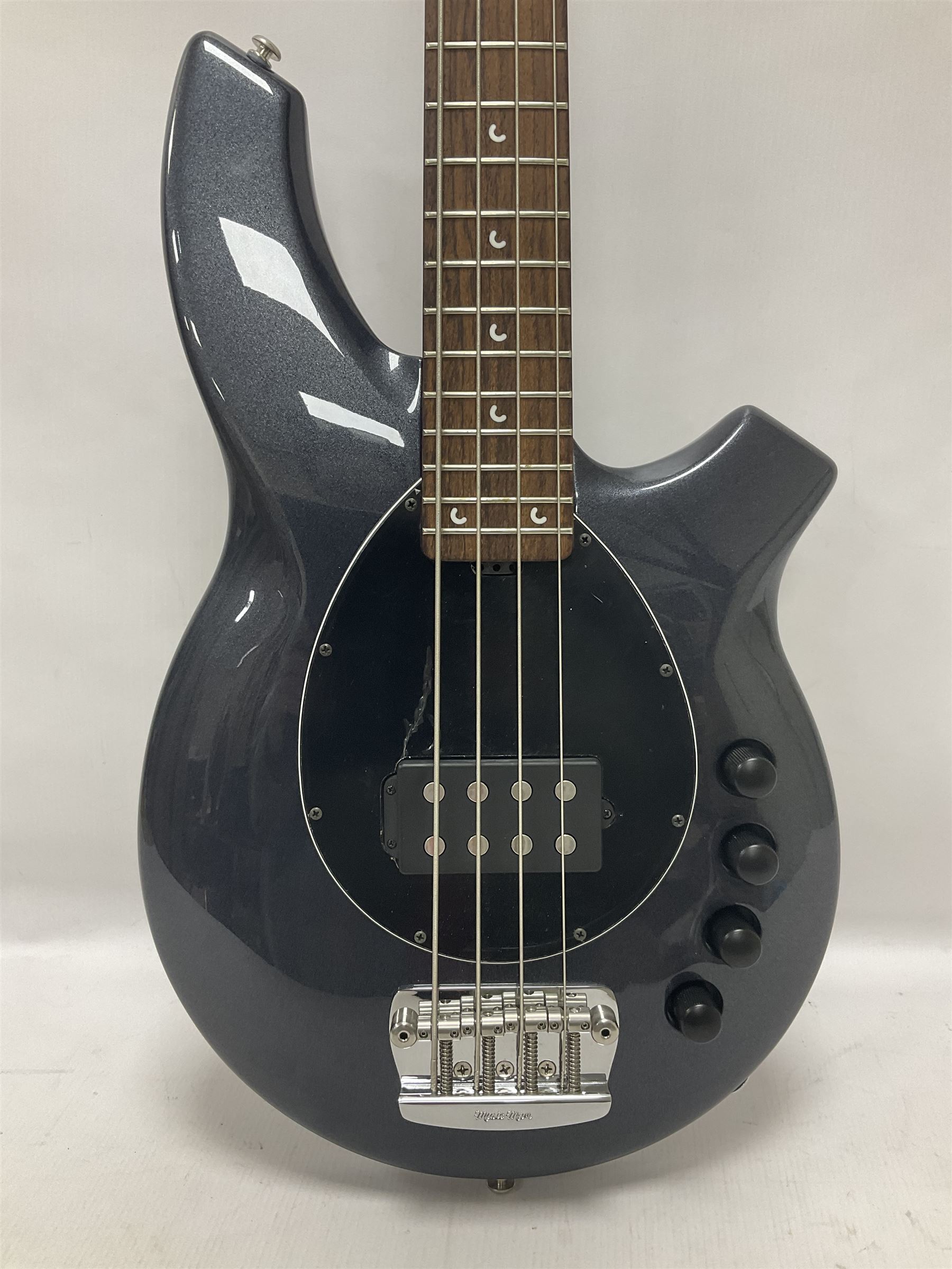 Music Man Bongo 4 string bass guitar, in sapphire black finish, serial no F42547, in black Music Man hard case, guitar L113cm