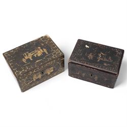 Chinoiserie black and gilt lacquer box decorated with figures and landscapes W28cm and five other various lacquer boxes (6)