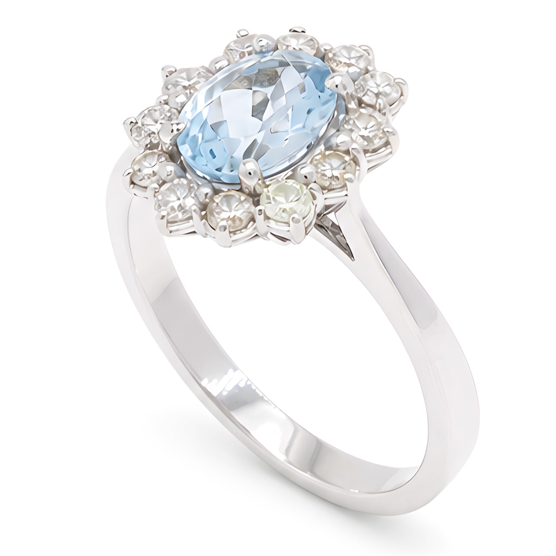 18ct white gold aquamarine and diamond cluster ring, single oval cut aquamarine of approx 0.85 carat, surrounded by twelve round brilliant cut diamonds, hallmarked, total diamond weight approx 0.50 carat