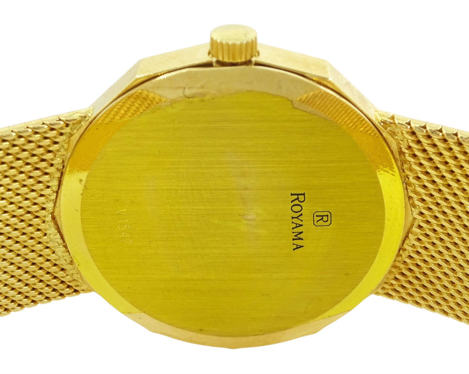 Royama gentleman's 18ct gold manual wind wristwatch, blue dial, with baton hour markers and Saudi Arabian coat of arms, Helvetia hallmark, on integral 18ct gold bracelet, stamped 750