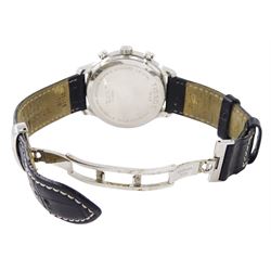 Tissot Traditional gentleman's stainless steel chronograph quartz wristwatch, Ref. T063617A, black dial with dagger hour markers and date aperture, on black leather strap with stainless steel fold-over clasp, boxed with warranty card dated 2016