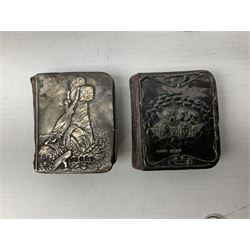 Two hallmarked silver mounted miniature books to include prayer book decorated with winged cherubs stamped Birmingham 1905, quantity of coins, quantity of compact mirrors etc