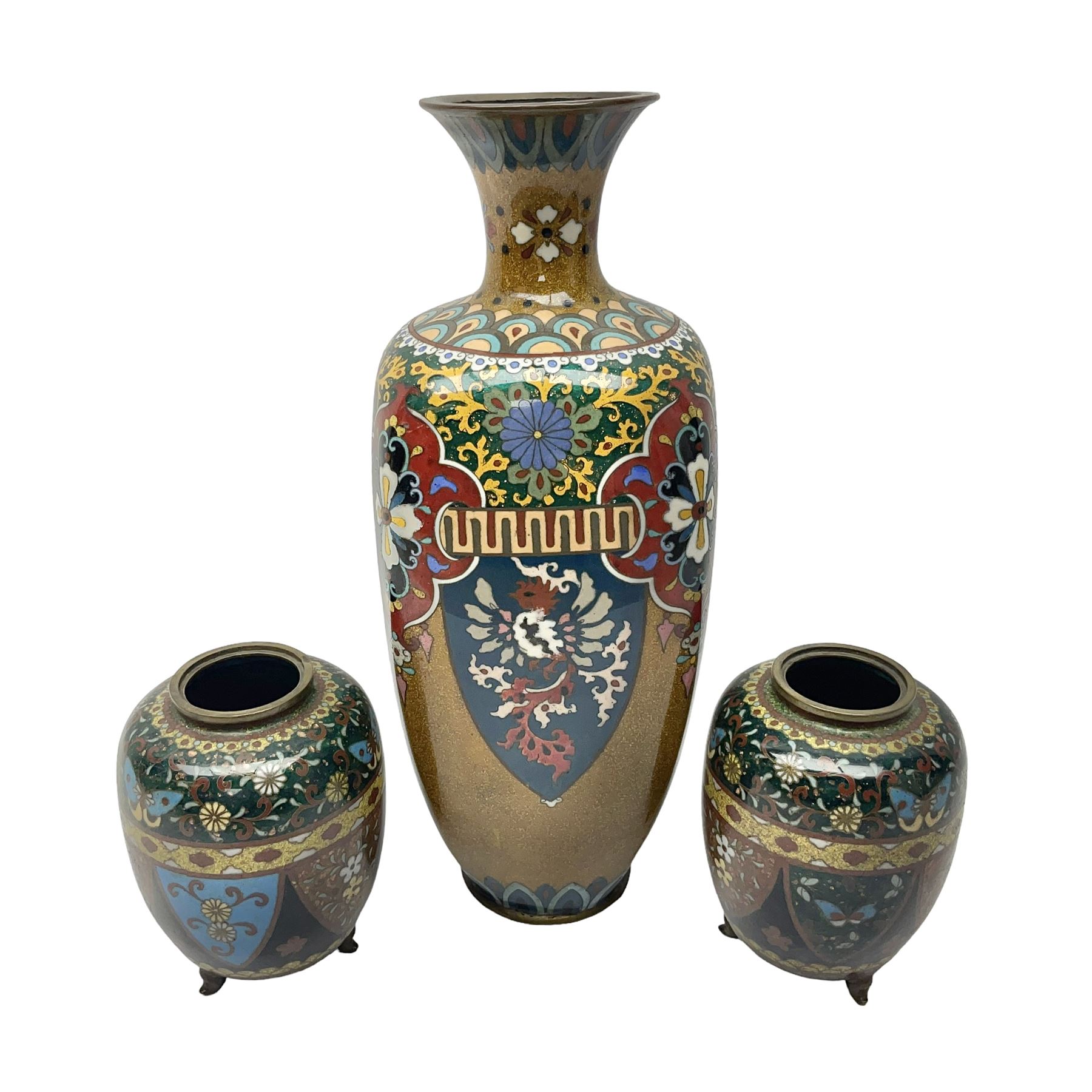 Pair of Japanese cloisonne Koro, decorated with colourful flower head motifs and raised on three feet, missing covers, together with a cloisonne vase, vase H30cm