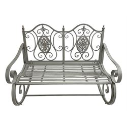 Regency design wrought metal rocking garden bench seat, pierced back with scroll design over strap seat, with C-scroll back supports, in antique grey finish
