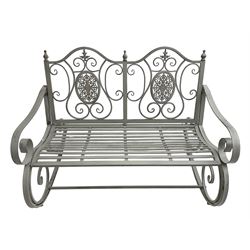 Regency design wrought metal rocking garden two seat, pierced back with scroll design over strap seat, with C-scroll back supports, in antique grey finish
