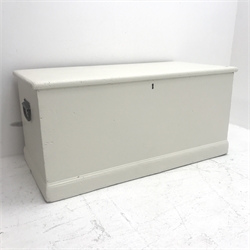 Victorian cream painted pine chest, single hinged lid, two carrying handles, W97cm, H46cm, D48cm