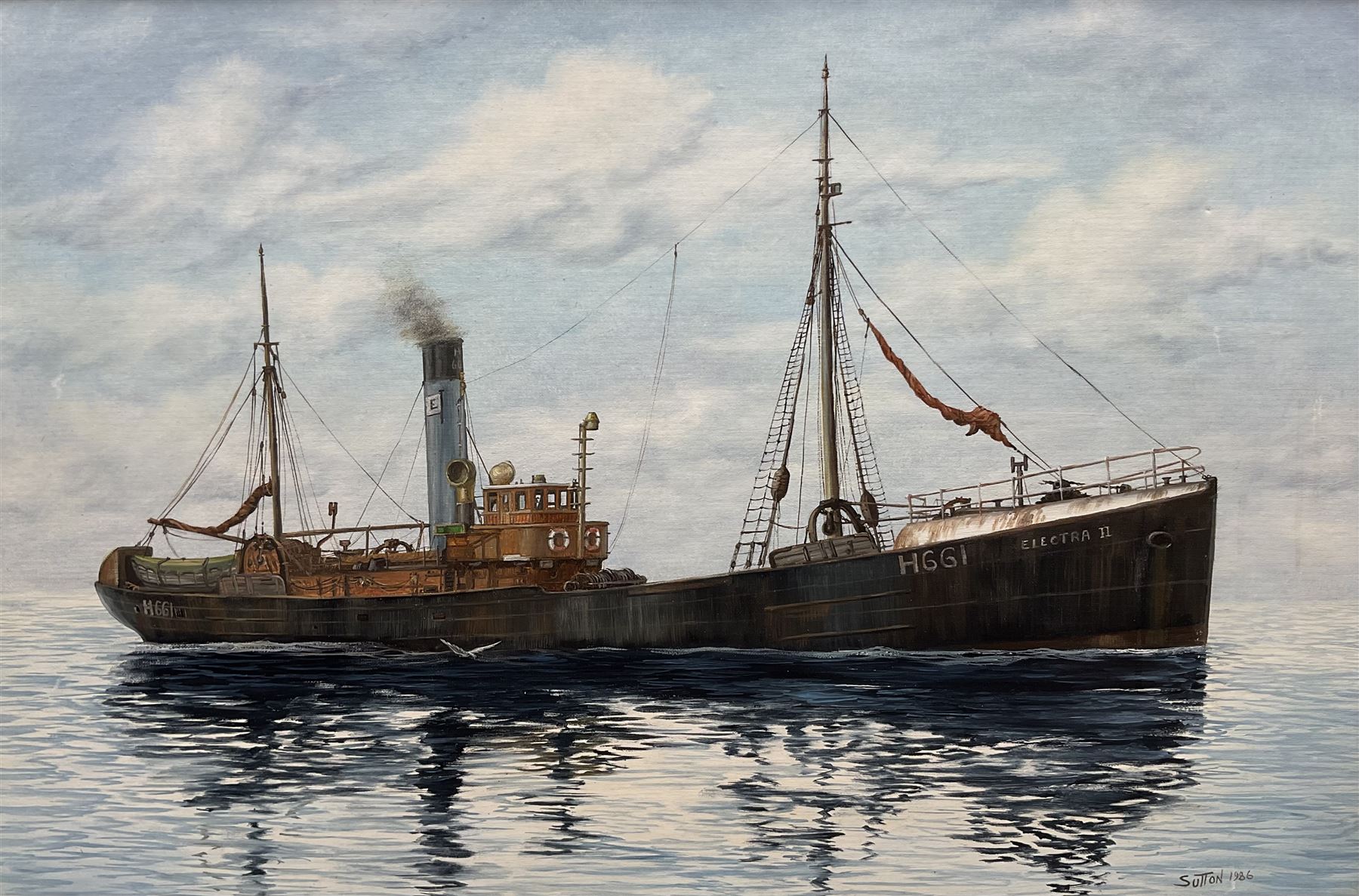 Keith Sutton (British 1924-1991): Ship's Portrait of a Hull trawler 'Electra II', oil on board signed and dated 1986, titled on the frame 50cm x 76cm