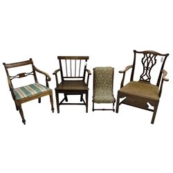 George III walnut elbow chair, bar back over upholstered drop-in seat, scrolled down sweeping arms, on turned front supports (W59cm, H84cm); George III mahogany commode elbow chair, shaped cresting rail over pierced Gothic splat, hinged seat revealing commode, on moulded square supports united by H-shaped stretchers; 19th century country elm elbow chair, rectangular bar back over vertical moulded rails,  plank seat, on square tapering supports united by H-shaped stretchers; Victorian mahogany child's chair, S-scroll form upholstered in foliate pattern fabric (4)