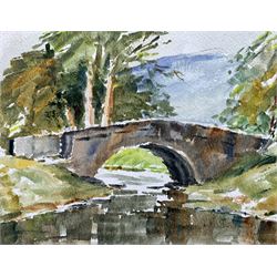 Sally Johnson (British 20th century): 'Bridge on the River Rye' 'Hen Pecking and Landscapes, four watercolours signed max 16cm x 20cm (4)