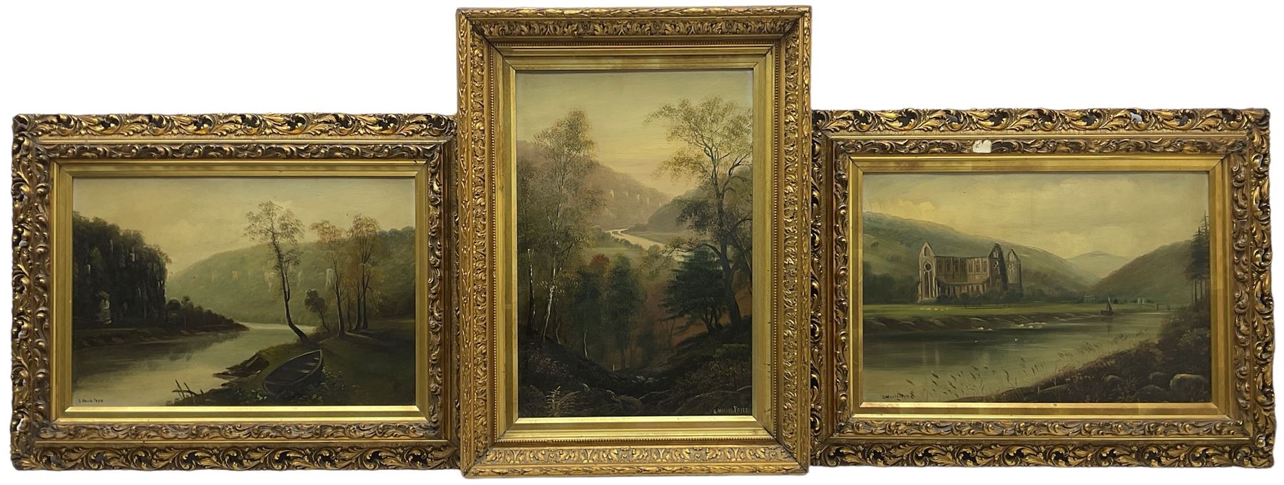 George Willis Pryce (British 1866-1949): Abbey Ruins and River Landscape, set three oils on board signed max 27cm x 40cm (3)