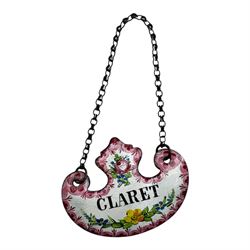 Seventeen mid 18th century and later enamel wine labels, one example of heart shaped form, the rest of cartouche and escutcheon form, various titles including Claret, Rum, Sloe Gin, Port, Whisky, Cowslip, Cherry-Brandy, etc., largest example W7cm 