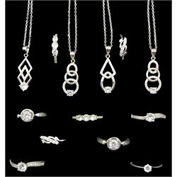 Nine silver cubic zirconia dress rings and four silver cubic zirconia pendant necklaces, all stamped 925 (13)