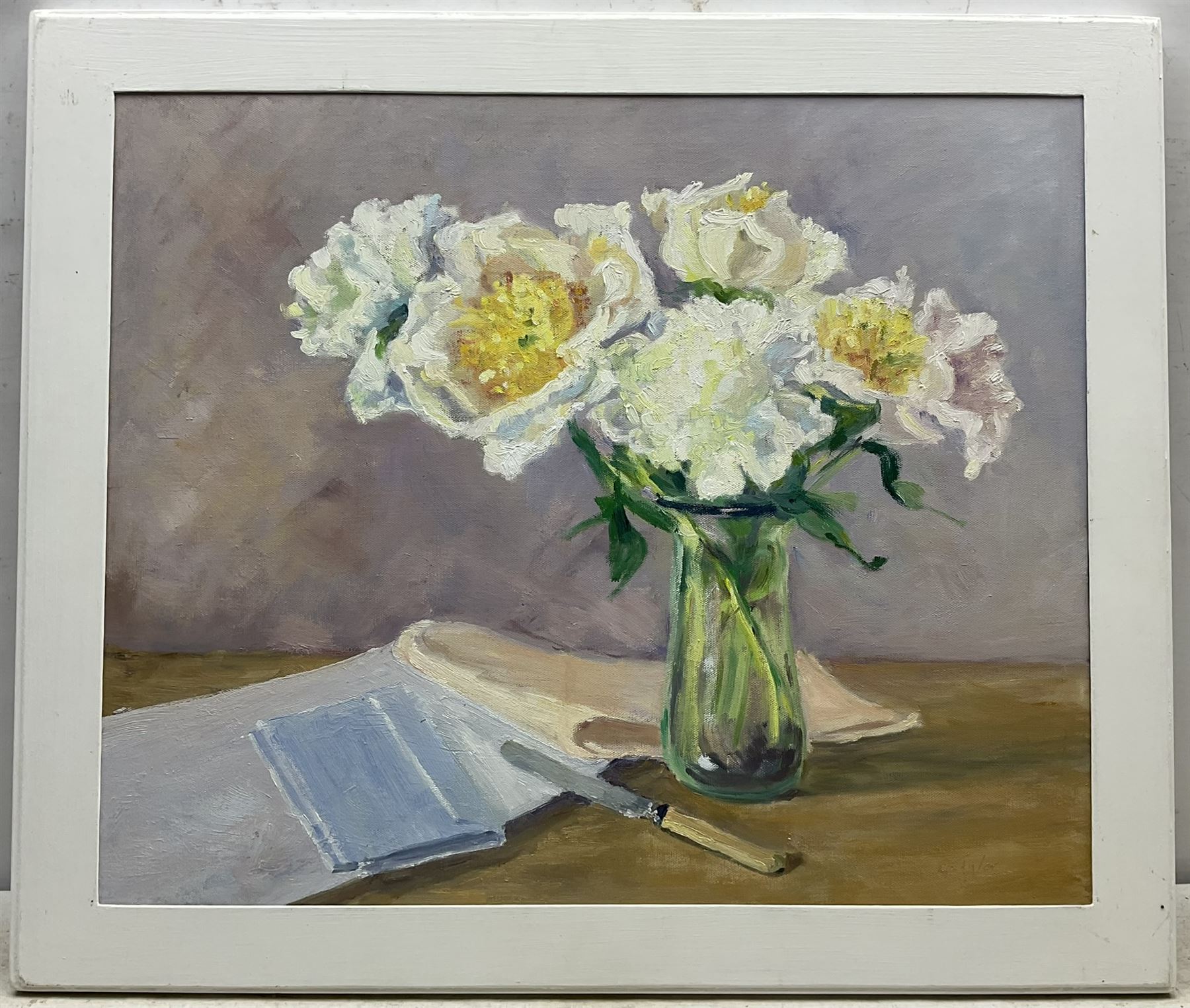 Catherine Tyler (British 1949-): 'Peonies', oil on canvas signed, titled verso 50cm x 60cm