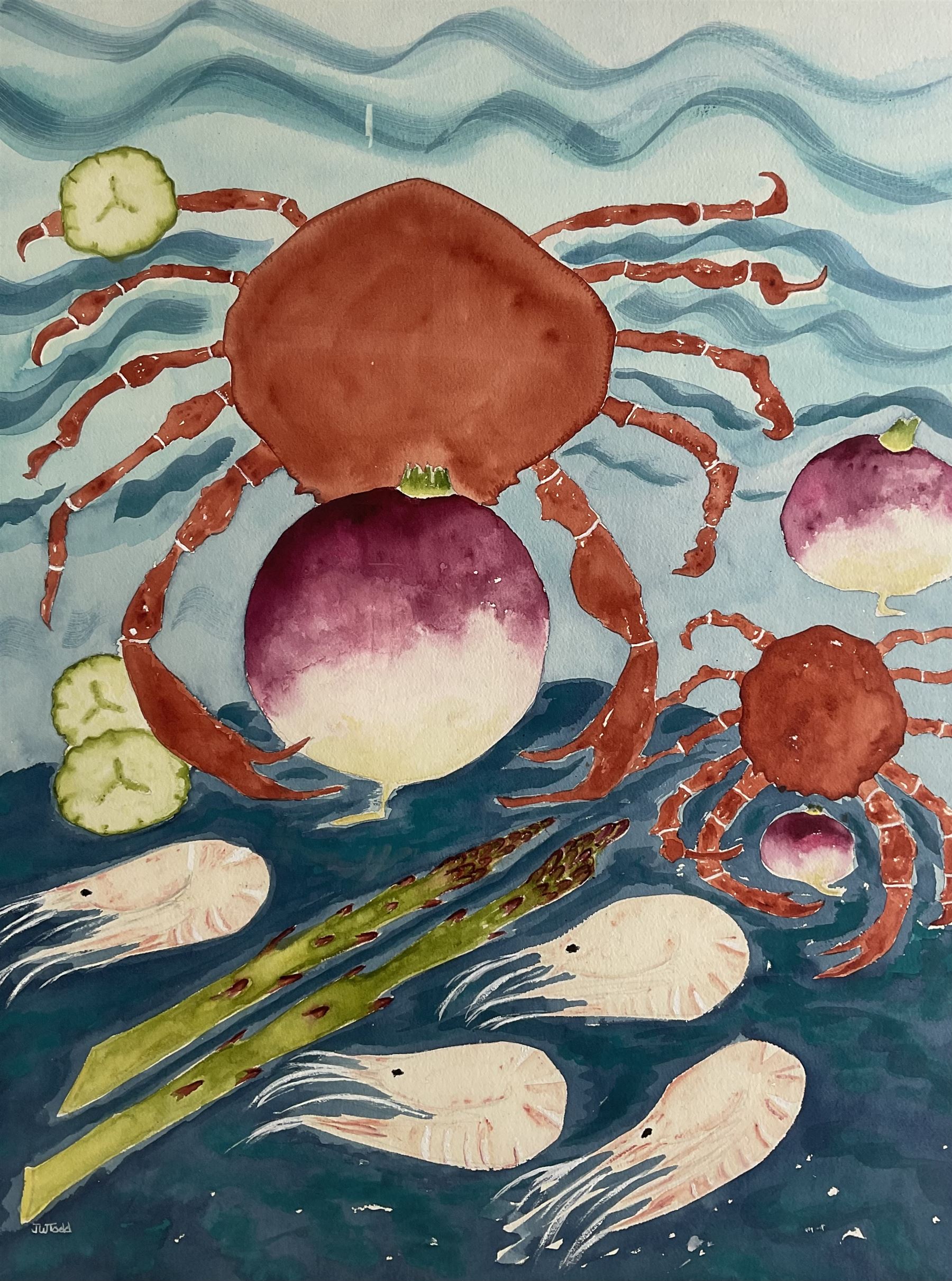 June Todd (Scottish Contemporary): 'Prawns and Crabs', watercolour signed, titled and dated 1998 verso 74cm x 56cm 
