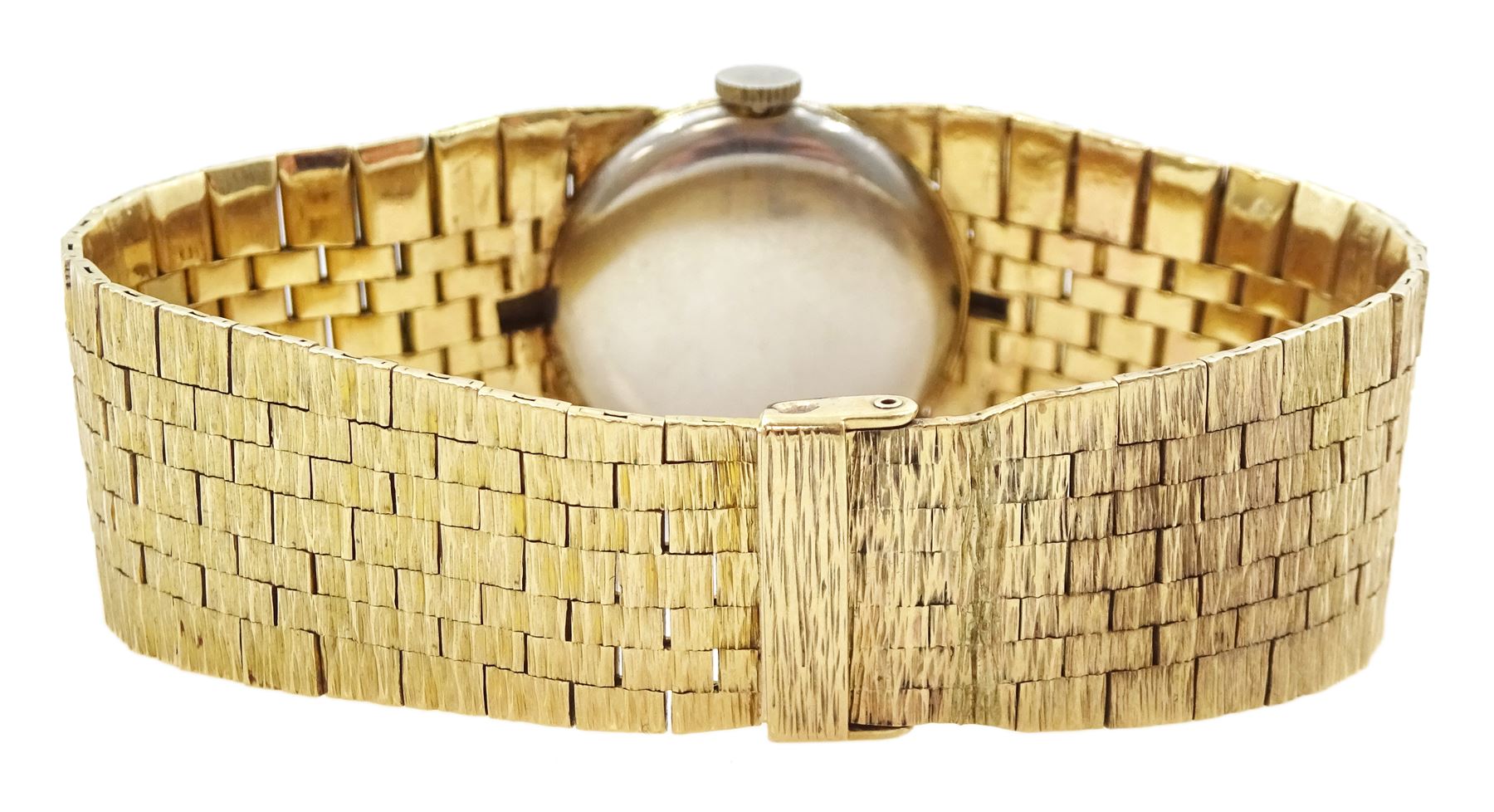 Vertex platinum and 9ct gold manual wind wristwatch, on integral 9ct gold textured bark effect bracelet, London 1966