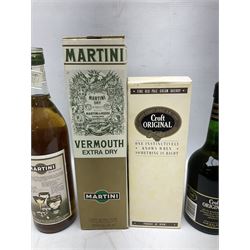 Mixed alcohol comprising Harveys Medium Dry Sherry, 70cl, one bottle, Croft Original Fine Old Pale Cream Sherry, 70cl, one bottle in box, Martini Extra Dry Vermouth, 90cl 18% vol, one bottle in box, Cockspur Barbados V.S.O.R Fine Rum, one bottle, and Baileys Irish Cream, 1l, one bottle (5)