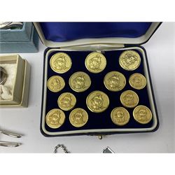 Pair of Georgian silver dress buttons, silver caddy spoon, silver fob medals, silver watches, set of six silver plated teaspoons, set of gilt buttons with ship design, etc