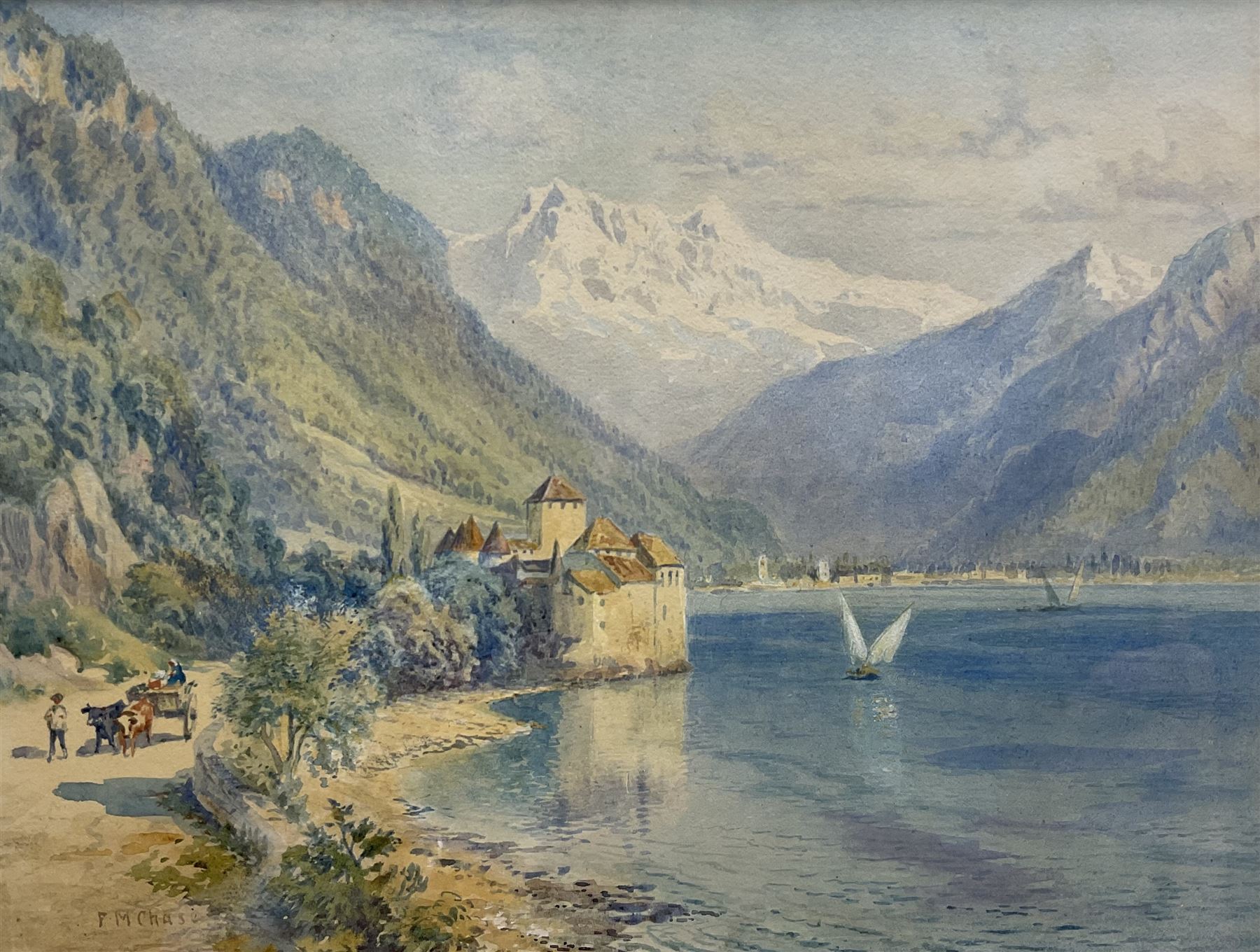 Frank M Chase (British fl.1880-1898): Chillon Castle - Lake Geneva, watercolour signed 20cm x 26cm