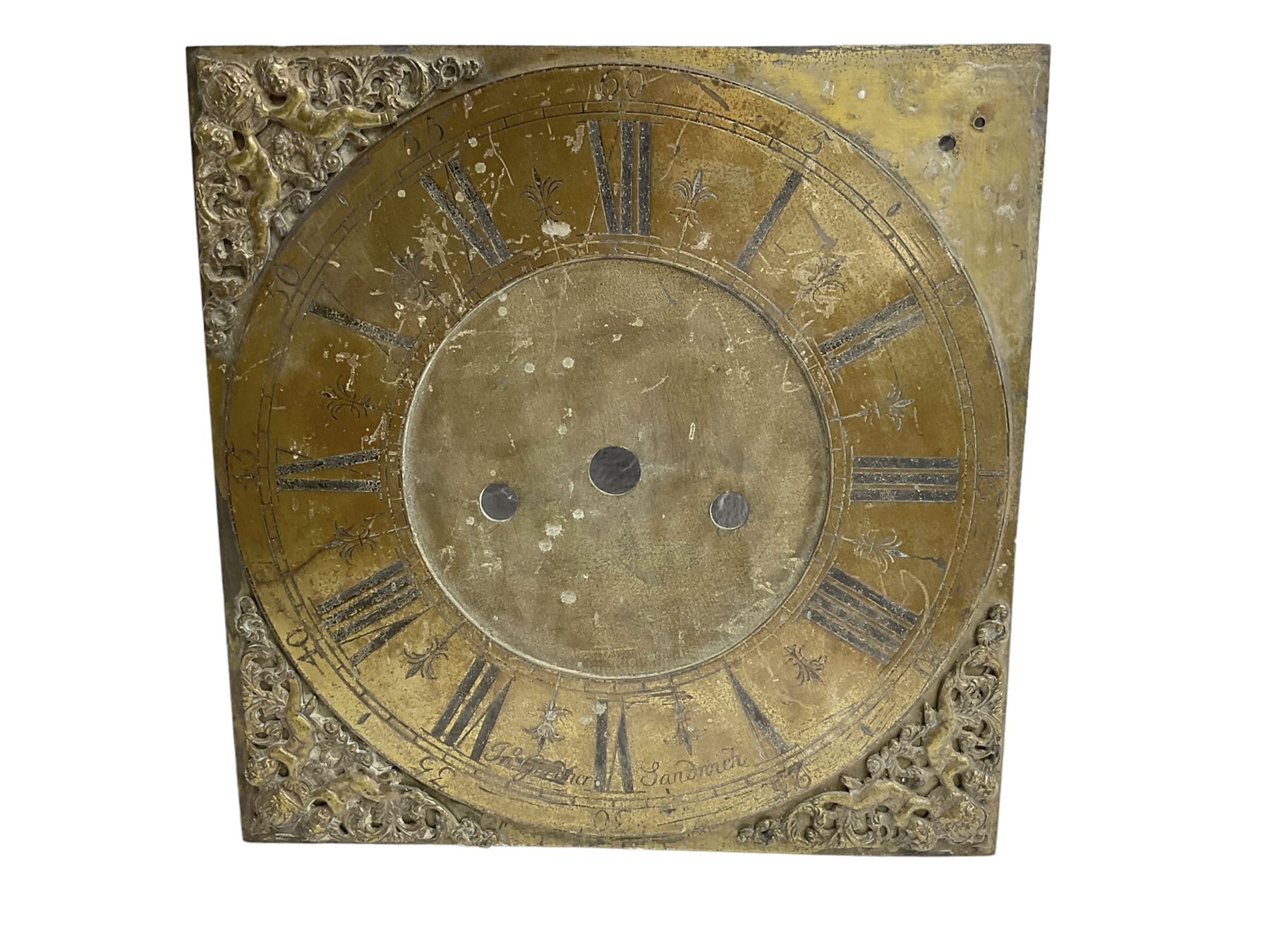Four 13” painted 19th-century break arch longcase clock dials with one circular 12” American wall clock dial, plus two 11” and one 10” 18th-century brass longcase dials.