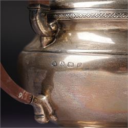 Silver circular teapot with stained wood handle and lift Birmingham 1933 Maker Adie Bros. Ltd