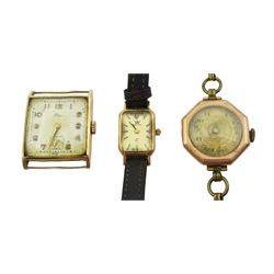 Elco 9ct gold square face manual wind wristwatch, Marvin 9ct gold quartz wristwatch and one other 9ct gold wristwatch, all hallmarked, both on leather straps (3)