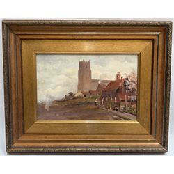 George William Collins (British 1863-1949): Chickens and Church, oil on board signed 20cm x 30cm