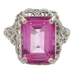 9ct white gold filigree set, emerald cut pink topaz dress ring, hallmarked