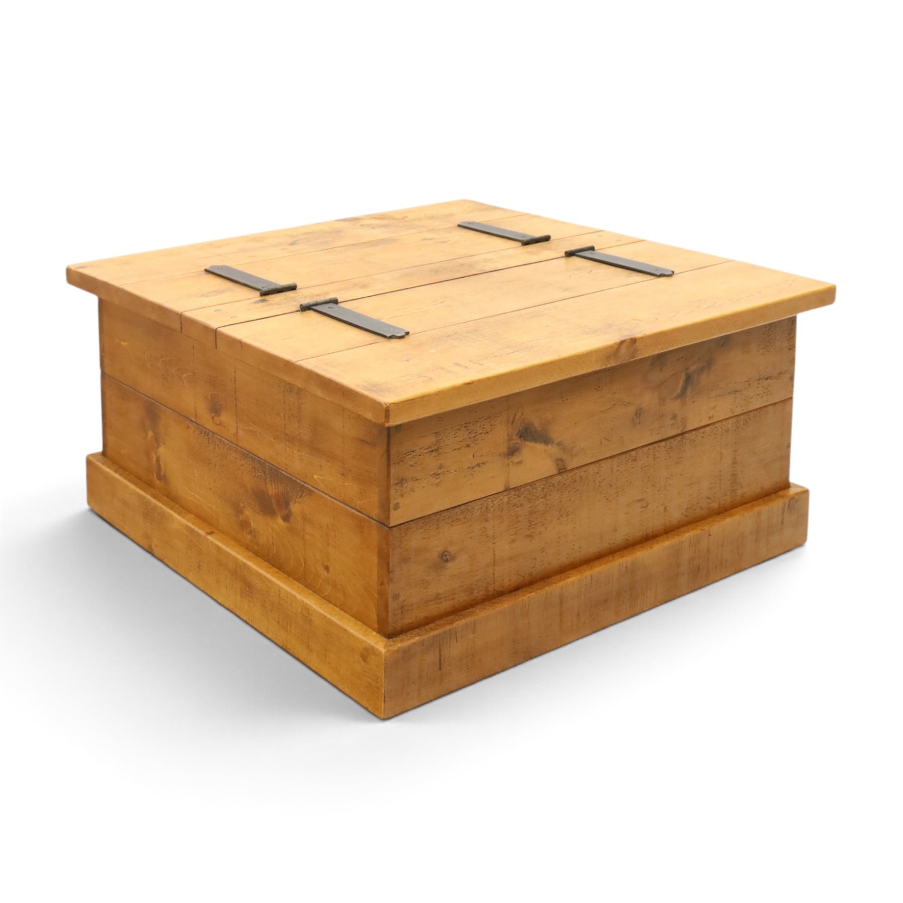 Indigo Furniture - rustic oak coffee table with double-hinged top concealing compartment, on skirted base