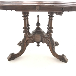 Victorian inlaid oval tilt top table, quadruple turned support with central finial on four acanthus carved outsplayed supports, W146cm, H72cm, D112cm