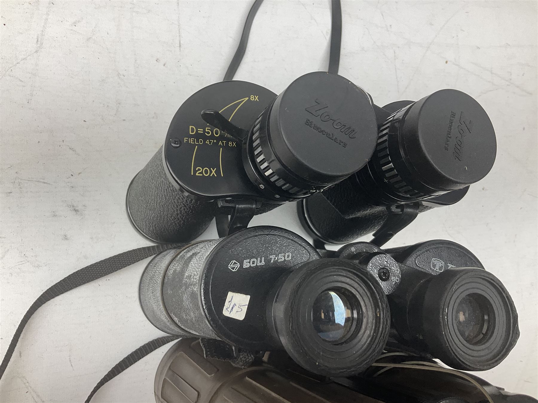 Nine cased pairs of binoculars to include Lieberman & Gortz 12x50, Frank Nipole 8x56, Uniscope, Hoya mark II 8x40, Porst 8x56 etc