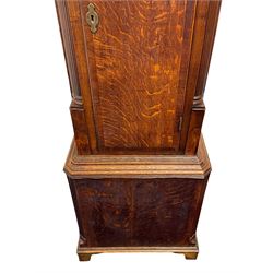 William Watson of  Blackburn (Lancs)  - late 18th century 8-day oak and mahogany cross banded longcase clock, with a flat top and open fretwork above, deep cornice with dogtooth moulding and frieze beneath, square hood door flanked by reeded pilasters with brass capitals, trunk with  reeded quarter columns, long trunk door with concave corners on a plinth with canted corners on bracket feet, brass dial with cast brass spandrels, broad silvered chapter ring with Roman numerals and five-minute Arabic's, a profusely engraved and silvered dial centre with seconds dial, matching steel hands and calendar aperture, hourly rack striking movement with a recoil anchor escapement. With weights, pendulum and key. 
William Watson of Northgate, Blackburn, is recorded as working c1770-1814 . As with this clock Watson frequently signed some of his clocks without a placename.